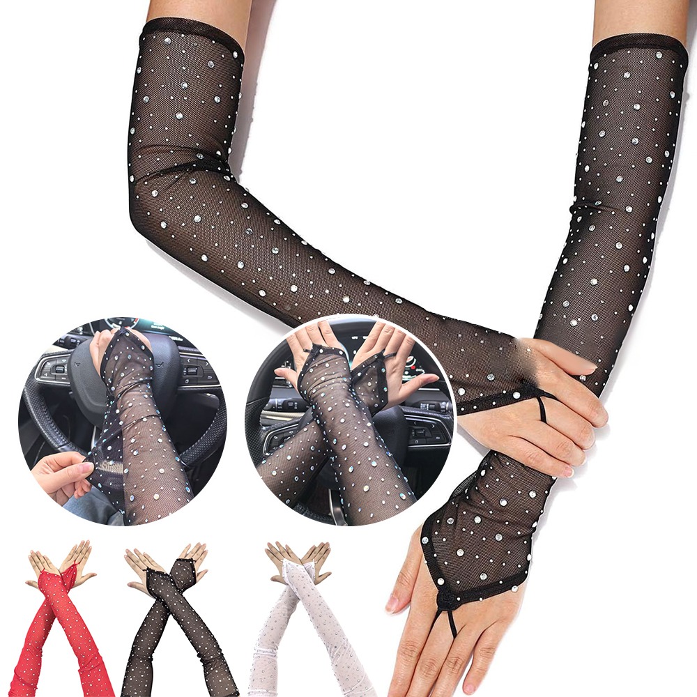 1 Pair Shiny Rhinestone Mesh G - Fingerless Glove Knit ulasan dan harga
